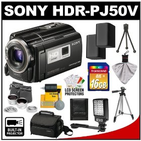 Sony Handycam HDR-PJ50V 220GB 1080p HD Video Camera Camcorder with Projector with 16GB Card + (2) Batteries + Case + Tripod + Light Bracket + Lens Set + Cleaning Kit